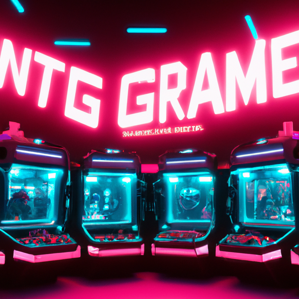 ArcadeFlux neon arcade scene: players, leaderboards, and overlays